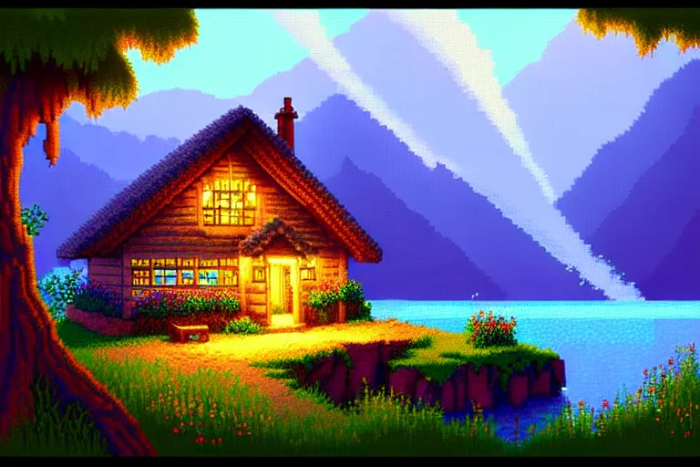 Image similar to view of a cottage above an azure lake, beautiful detailed pixelart by waneella and by albertov, intricate details, beautiful, volumetric lighting, cgsociety, artstation