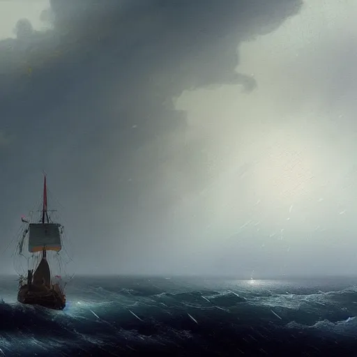 Image similar to a lonely ship drifting amongst the thunder clouds , fog and heavy storm concept art in style of Ivan Aivazovsky