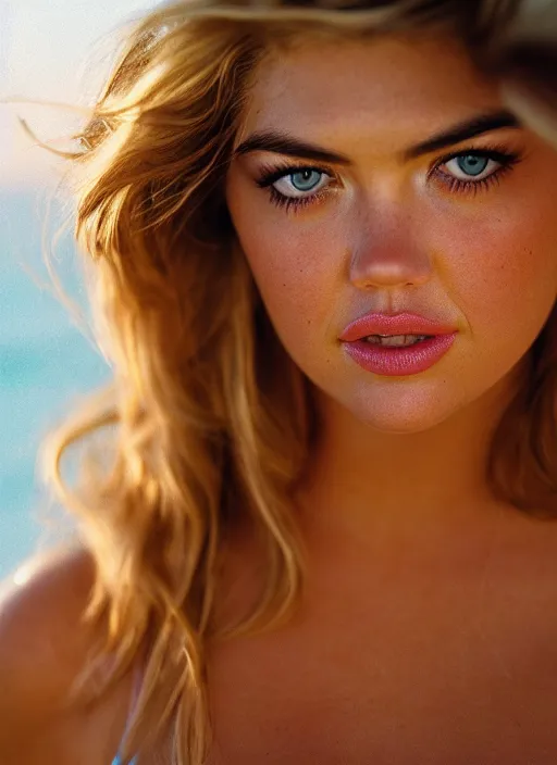 Prompt: A hyper realistic and detailed head portrait photography of Kate Upton, swimsuit model on a beach. by Cameron Hammond. film grain 1980s film look. golden hour. KODAK EKTAR 100. Lens flare. Summilux 50mm