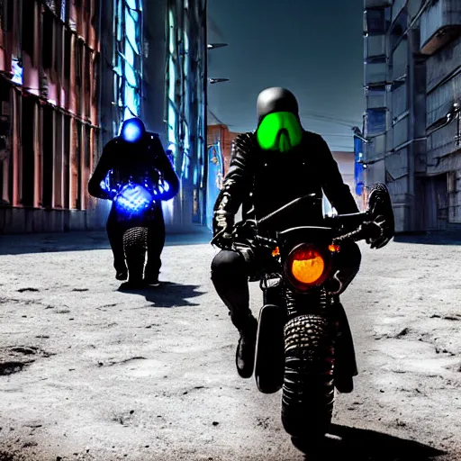 Image similar to street photo of sci-fi cyberpunk bikers, on the Moon, long shadows, in a Russian cyberpunk city called Neo Norilsk, pitch black sky with stunning bright stars, bright sun, high contrast, diverse outfits, lively, freaky, black sky full of stars, LEDs, holograms, blinding bright sun, sci-fi, cyberpunk outfits, photorealistic, grainy, 35mm, intricate, very very beautiful, elegant, smooth, cinematic, Unreal Engine 5, by Beeple