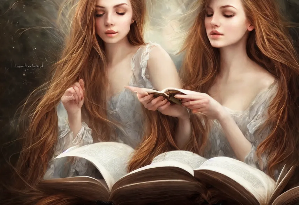 Image similar to a girl reading a book, hair flowing down, 8 k, hyperrealistic, hyperdetailed, fantasy portrait by laura sava, singular woman