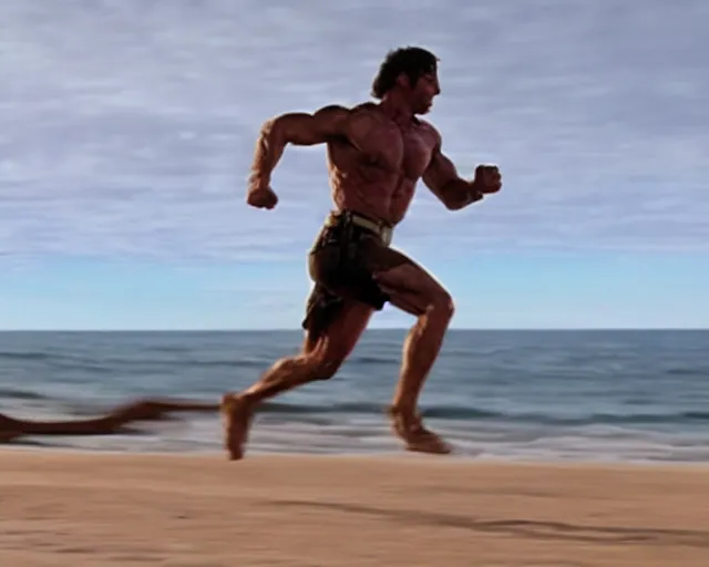 Prompt: single spartan running on australian beach, epic award winning action cinematic still from the movie 3 0 0