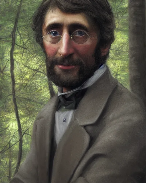 Image similar to henry thoreau in the woods portrait painting highly detailed procreate, 3d render senior artist, photorealistic, textured, featured on artstation