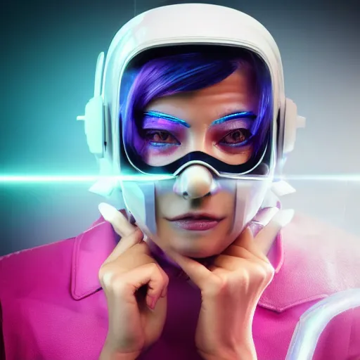 Image similar to a cyberpunk woman wearing a TV as a mask