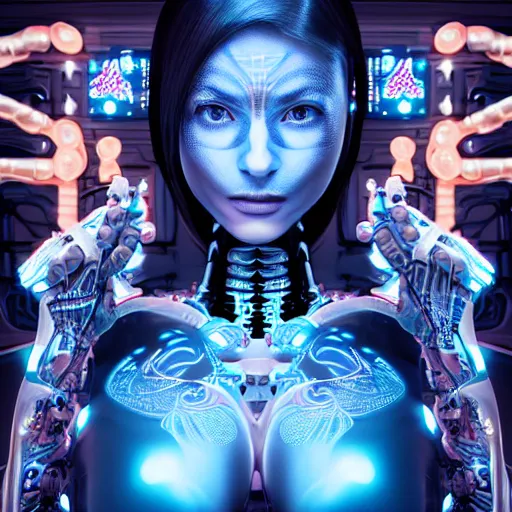 Image similar to an extremely beautiful biomechanical female robot with large emoji tattoos, twins, neon jacuzzi, oppai cyberpunk, chimeric organism, holodeck, pale skin, organic polycarbon, glowing blue eyes, full frontal portrait, highly detailed, transhumanist hydration, symmetrical, priestess, mechanical, mendelbrot fractal, ray tracing, hyperdetailed, hyperrealistic, zdislaw beksinski, trending on artstation, octane render, hdr, uhd 4k