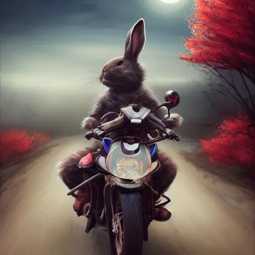 Image similar to bunny wearing a leather jacket riding a motorbike on a highway during sakura season on a blood moon, by peter mohrbacher, james jean, wlop, greg rutkowski, detailed - face!!!, rule of thirds, dynamic pose, action pose, beautiful landscape