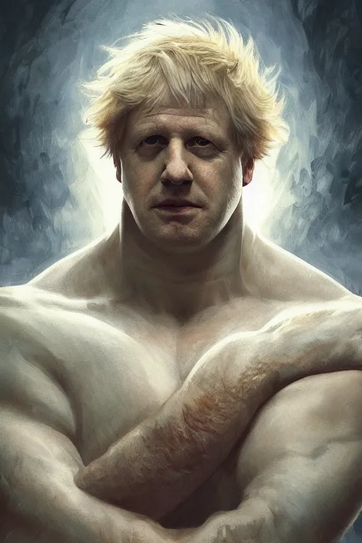 Image similar to portrait of boris johnson as a hulking herculean demon, forest, godlike, full body, fantasy, intricate, elegant, highly detailed, digital painting, artstation, concept art, sharp focus, illustration, art by artgerm and greg rutkowski and alphonse mucha