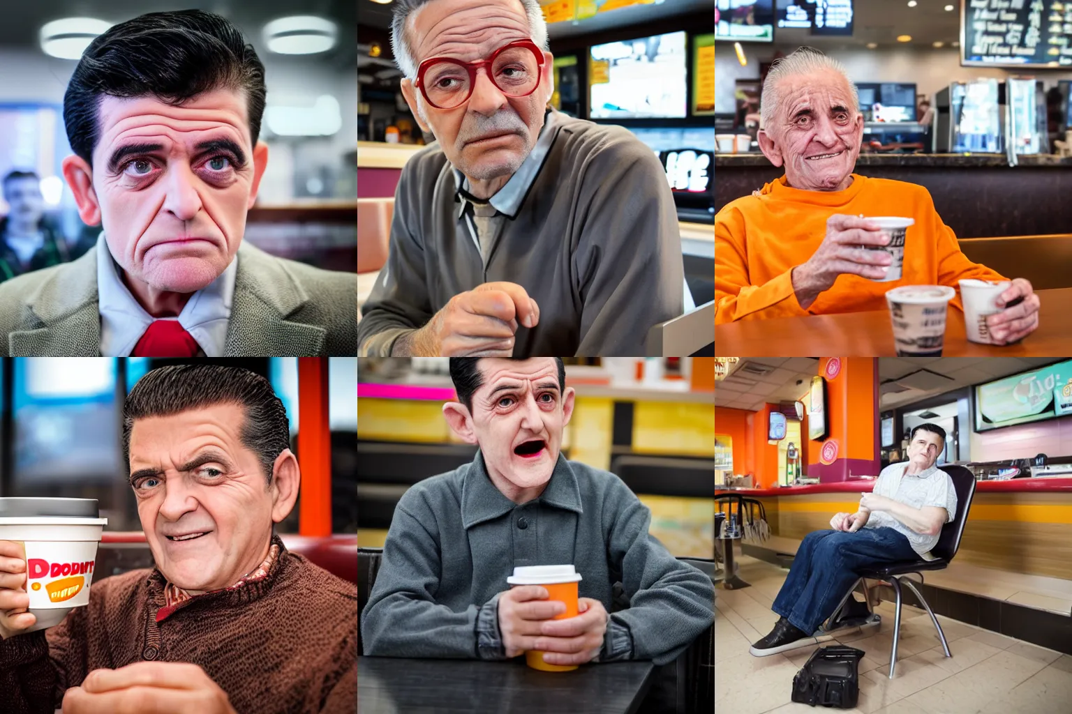 Prompt: Old man as Eddie Munster relaxing in dunkin donuts, with accurate face, UHD, DSLR photo