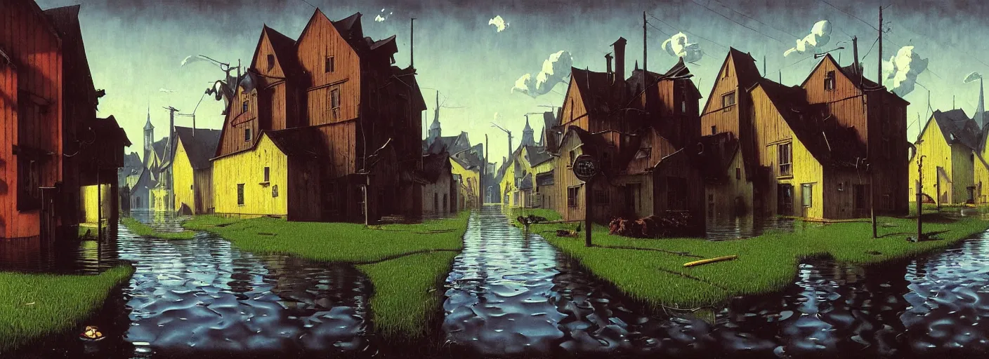 Image similar to flooded! old dark scary wooden empty cursed town street entance, very coherent and colorful high contrast masterpiece by gediminas pranckevicius rene magritte norman rockwell franz sedlacek, full - length view, dark shadows, sunny day, hard lighting, reference sheet white background