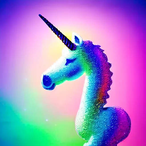 Image similar to an ultra high definition pastel coloured wildlife photograph of a magic unicorn with a glittery magic horn eating an ice cream in a magical field. refraction, volumetric lighting iridescence.