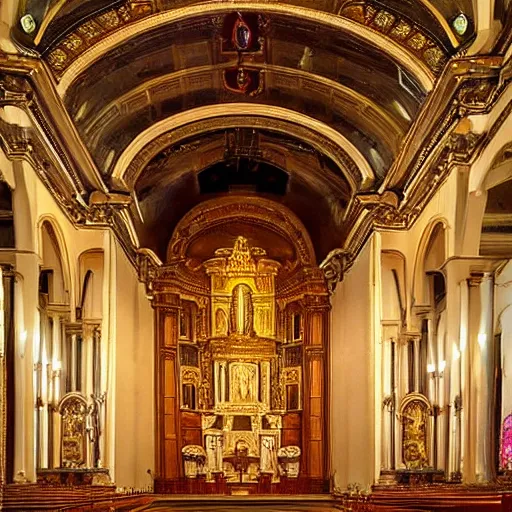 Prompt: [ roman church ] : : large, massive church : : gold, diamonds, elegant, fancy, rich architecture : : historical paintings on the wall, alter, benches, bell : : ethereal : : 8 k : : digital art : :