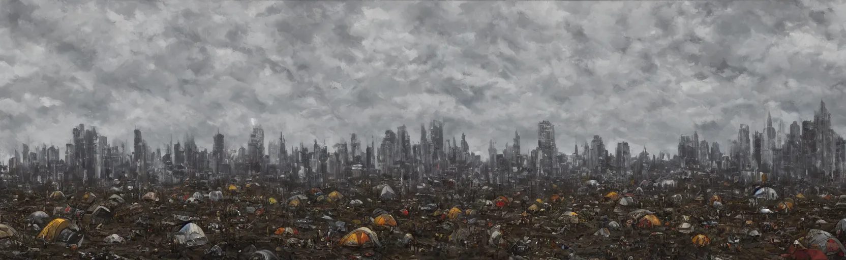 Image similar to cloudy, grey skies, american knights, tent camp in foreground, fortress city of office buildings in background upon hill, post apocalyptic, grungy; oil on canvas, artstation