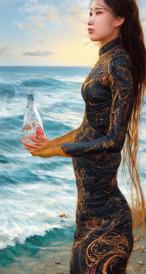 Image similar to ! dream photorealistic long shot of a dark mystical goddess wearing a qipao dress, big sun rough sea and jagged rocks, nets, plastic bottles, garbage, sand and sea, golden hour, ao dai, environmental, fantasy, atmospheric, hyper realistic, artstation, art by artgerm, andres rodriguez and john william waterhouse