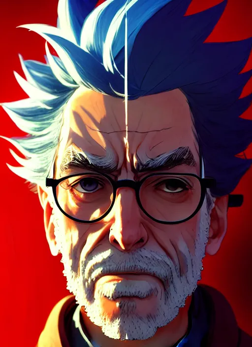 Image similar to portrait of rick sanchez, intricate, headshot, key visual, conceptart, ambient lighting, highly detailed, digital painting, artstation, concept art, sharp focus, by makoto shinkai and akihiko yoshida and greg manchess