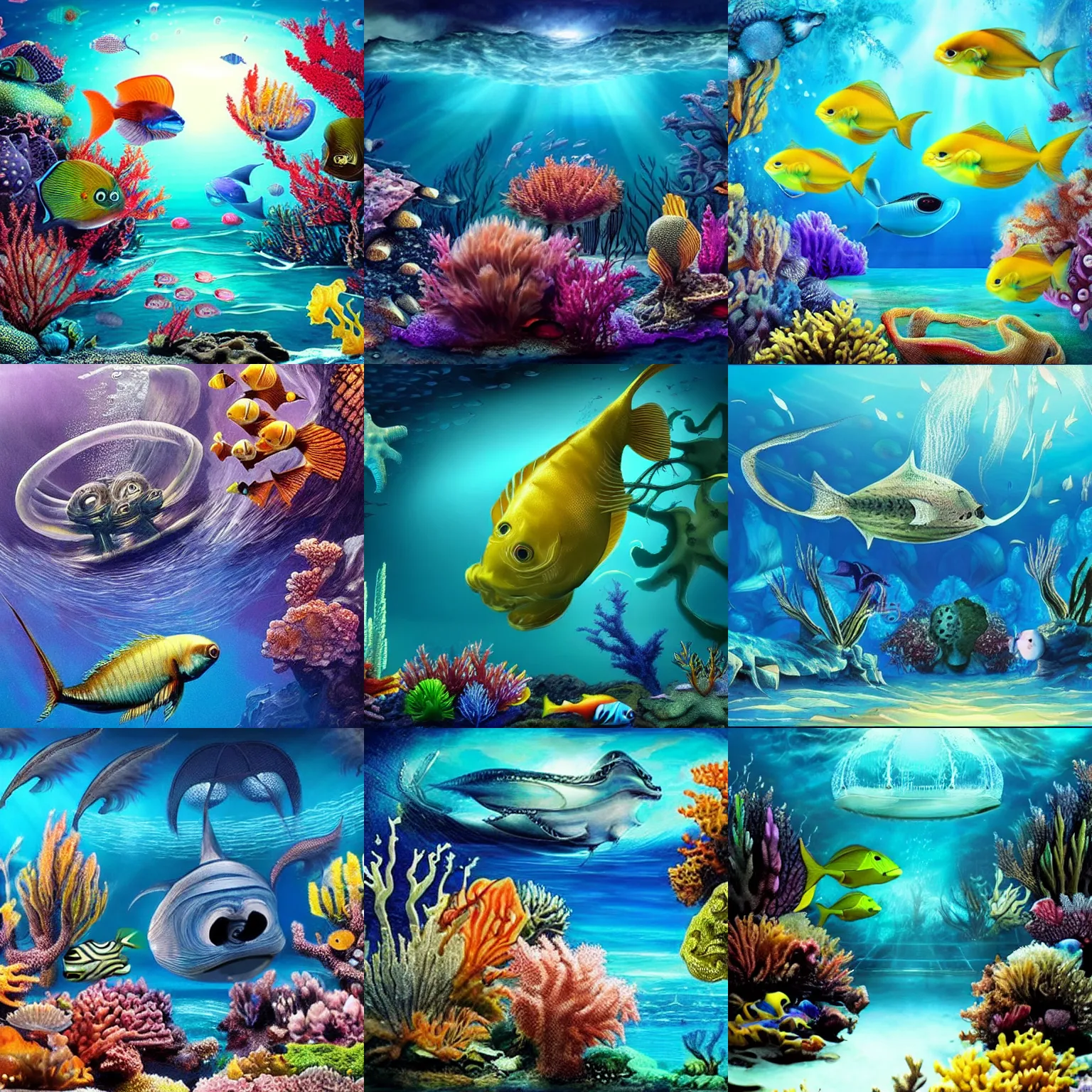 Prompt: of a beautiful undersea scene, many alien fish and fantastic creatures, hyper realistic