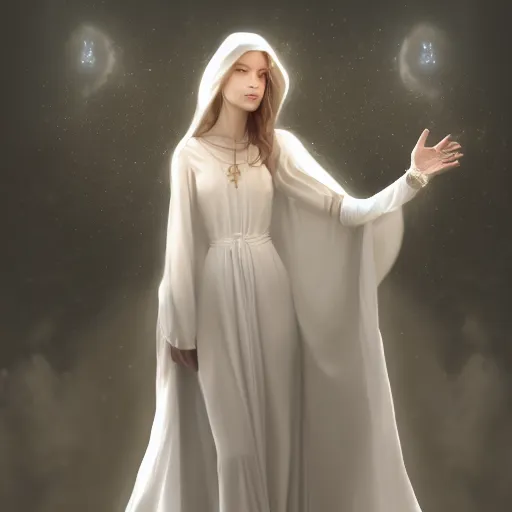 Prompt: a mystic goddess with white dress and magical cloak trying to create human being in her hands, digital art, concept art, trending on artstation, 8 k detailed, dramatic lighting