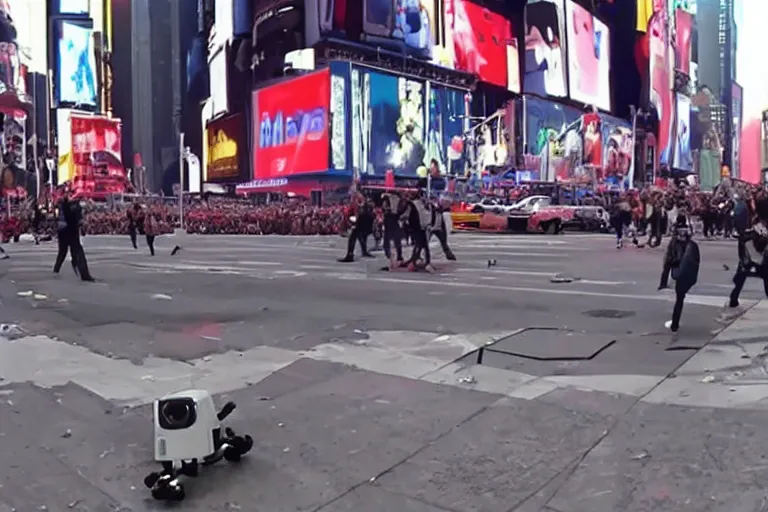 Image similar to robots attacking people in times square security camera footage