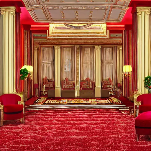 Image similar to isometric view of a lavish hotel lobby, full of cherrywood and red carpet and golden accents on the walls, high quality, digital art, room design