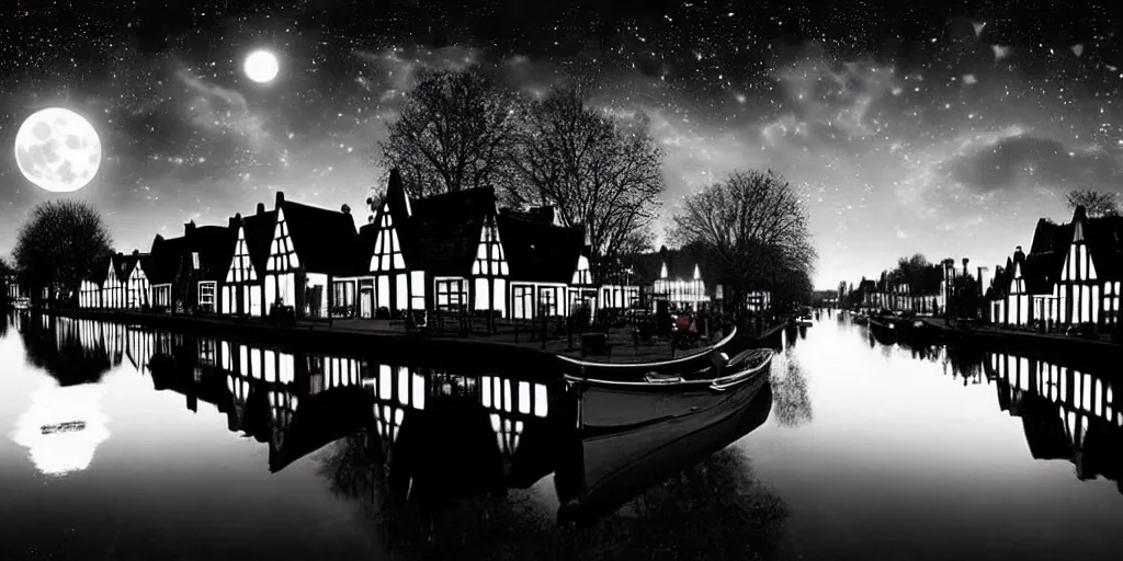 Prompt: Dutch houses along a river, silhouette!!!, Circular white full moon, black sky with stars, lit windows, stars in the sky, b&w!, Reflections on the river, a man is punting, flat!!, Front profile!!!!, HDR, soft, concept art, street lanterns, 1904, Style of Frank Weston, illustration