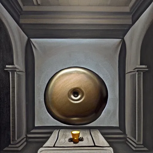 Image similar to in the center lays an ancient chromed artifact in the shape of a heavy signet ring, ornate with gentle iridescent shine from within. the ring lays on top of a pedestal. the pedestal is in front of a dark misty balcony at night. perspective from the side. realistic light and shadows. moody fantasy art, table still life renaissance pastel painting.