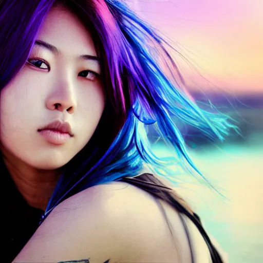 Prompt: beautiful modern asian girl with tattoo's and blue pink purple long hair looking in the camera with hazy sunset in the background, portrait, 8 k, digital art, detailed realistic eyes.