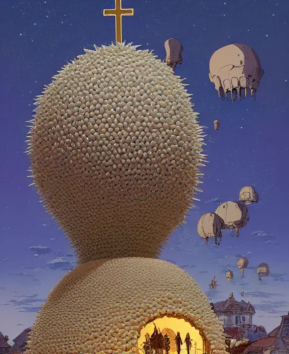 Image similar to inflated church made from obese urchin mollusks, in the style of a puffy spaceship, skeletons, bones, partly cloudy, spooky, dramatic lighting, by geof darrow, bill sienkiewicz, dan mumford, yusuke murata, makoto shinkai, ross tran, cinematic, unreal engine, cel shaded, featured on artstation, pixiv