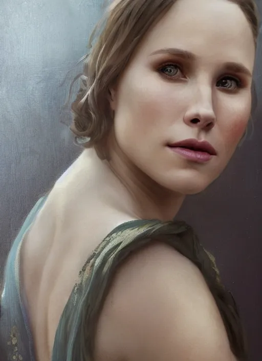 Image similar to beautiful portrait of 7 5 kg kristen bell, soft features, by magali villeneuve and greg rutkowski and artgerm and alphonse mucha and jeremy lipkin and rob hay, intricate, elegant, highly detailed, photorealistic, trending on artstation, trending on cgsociety, 8 k, sharp focus