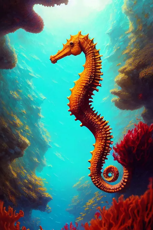 Image similar to highly detailed portrait of coral seahorse, stephen bliss, unreal engine, fantasy art by greg rutkowski, rhads, ferdinand knab, makoto shinkai and lois van baarle, ilya kuvshinov, rossdraws, tom bagshaw, global illumination, radiant light, yellow blue theme, coral reef