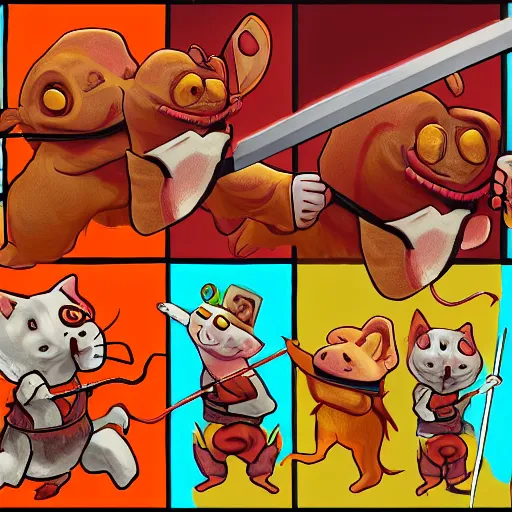 Image similar to anthropomorphic bacon, sword fighting an orange tabby cat, orange tabby sword fighting anthropomorphic bacon, award - winning photograph, realism