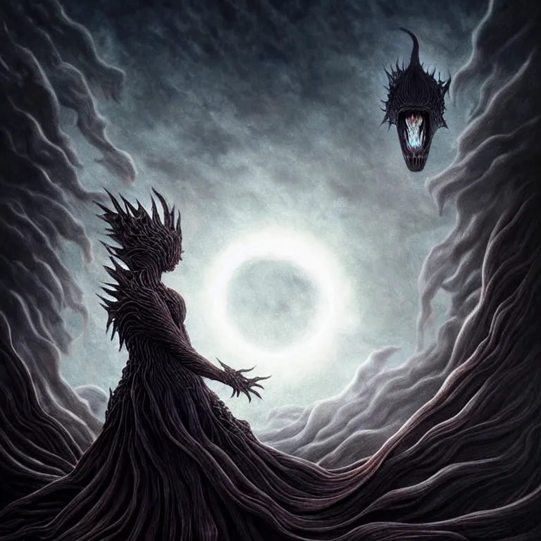 Image similar to epic professional digital art of eclipse from berserk manga, dark fantasy painted, intricate, detailed, detailed, foreboding, by leesha hannigan, wayne haag, reyna rochin, ignacio fernandez rios, mark ryden, iris van herpen,, epic, stunning, gorgeous, much wow, cinematic, masterpiece.