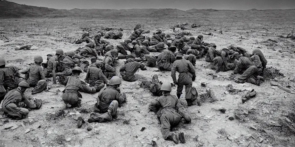 Prompt: detailed sharp photograph in the style of popular science circa 1 9 5 5 and gregory crewdson of a 1 9 5 0 s of a platoon of soldiers on base in korean war