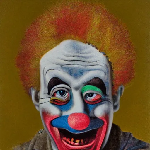 Prompt: A clown, in the style of Antonio Berni, highly detailed