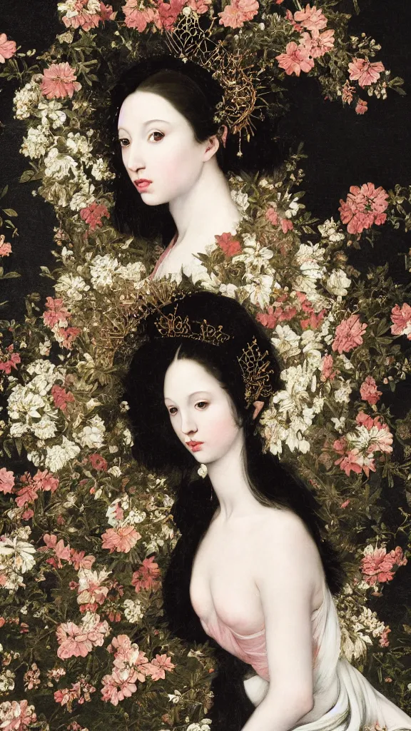 Image similar to a closeup portrait of a beautiful black haired woman with pale skin and a crown on her head sitted on an intricate metal throne, in an infinite landscape of flowers, photograph by caravaggio, canon eos c 3 0 0, ƒ 1. 8, 3 5 mm, 8 k, medium - format print