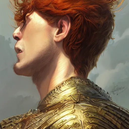 Image similar to renaissance green eyed ginger, middle aged, balding, king, riccardo scamarcio, art by artgerm and greg rutkowski and magali villeneuve, intricate renaissance armor, portrait, highly detailed, digital painting, trending on artstation, concept art, sharp focus, illustration