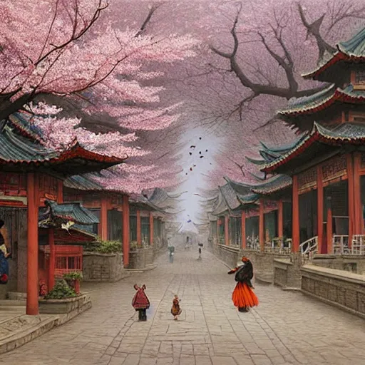 Prompt: a street in a ancient chinese characteristics. it has a high degree of fantasy. cherry blossom forest, pepe the frog walking, there are pavilions in the air, fairy birds and animals such as cranes and deer coexist with people. it is the life scene of the ancient people, a detailed matte painting by christophe vacher and albert bierstadt