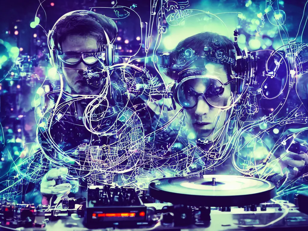 Image similar to a person wearing goggles and visor and headphones using a steampunk record player contraption, wires and tubes, turntablism dj scratching, intricate planetary gears, cinematic, imax, sharp focus, leds, bokeh, iridescent, black light, fog machine, hazy, lasers, hyper color digital art, cyberpunk