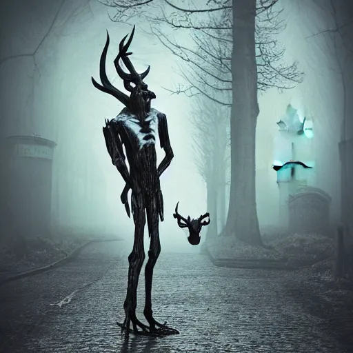 Image similar to terrifying wendigo walking through the center of old london city, oil painting, gloomy misty atmosphere, symmetrical, full body image, highly ornate intricate details, very sharp photo,