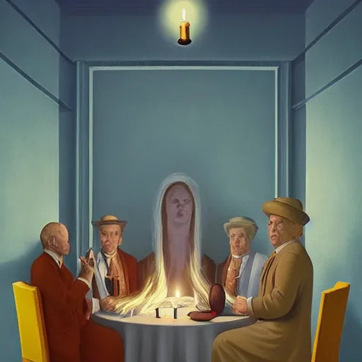 Image similar to A seance, by Raphael Hopper, and Rene Magritte. Extremely Highly detailed, Occult, funny, humorous, humor, hilarious, funny, entertaining, magical, trending on artstationHQ