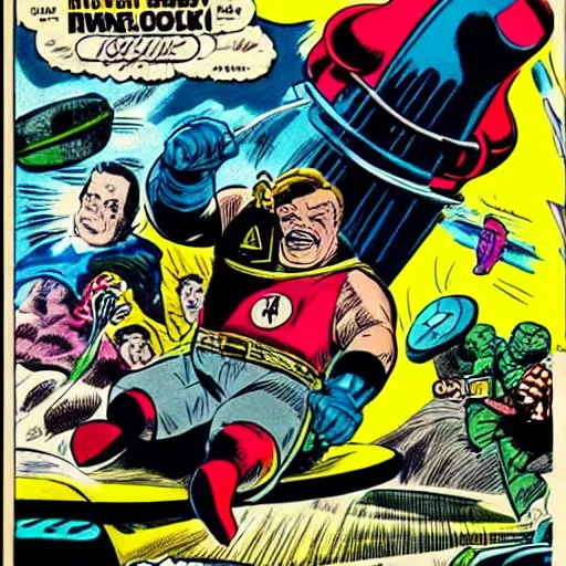 Prompt: jack black riding a rocket by jack kirby, marvel comic book cover