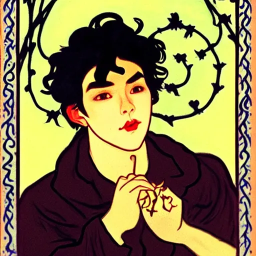 Image similar to painting of young cute handsome beautiful dark medium wavy hair man in his 2 0 s named shadow taehyung and cute handsome beautiful min - jun together at the halloween party, bubbling cauldron, candles, smoke, tarot, autumn colors, elegant, stylized, soft facial features, delicate facial features, art by alphonse mucha, vincent van gogh, egon schiele