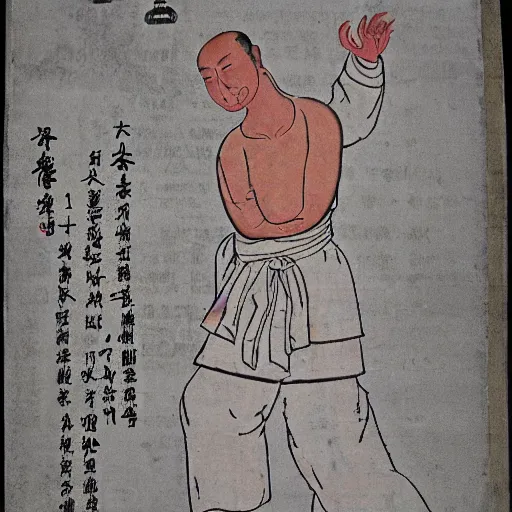 Image similar to yi jin jing posture in huang di nei jing chinese medical kung fu diagram, old manuscript, ancient information
