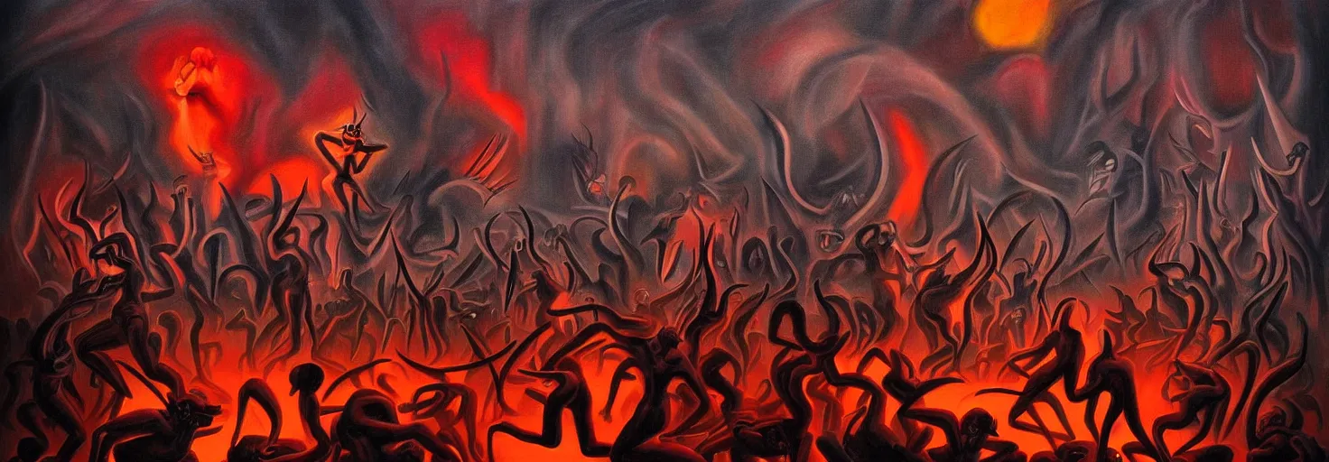 Image similar to hell demons, dramatic lighting, 1 9 3 0 s fleischer cartoon characters, wild emotional expressions - surreal painting by ronny khalil