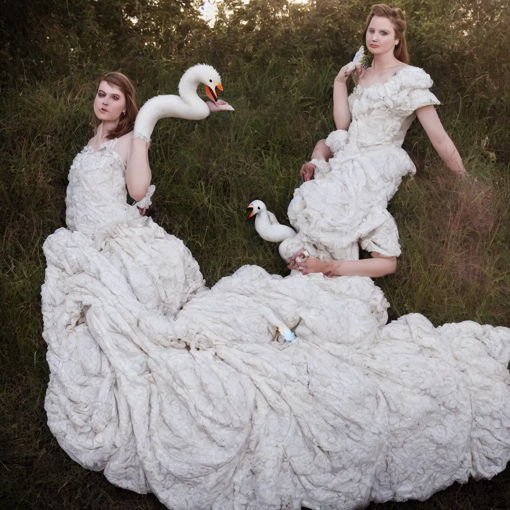 Image similar to a beautiful lady with a large majestic ornate cotton dress with a realistic swan in her arms dramatic light, meredit frampton style