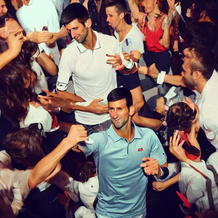 Prompt: novak djokovic dancing with the local pharmacists at an italian nightclub