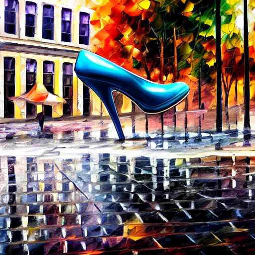 Image similar to close up of a womans high-heel shoe stepping into a shallow rain puddle on a busy crosswalk, by Leonid Afremov, reflections, matte painting, hyperrealism