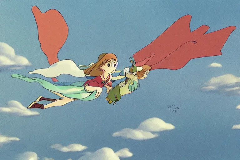 Image similar to A cell animation of girl flying with a bird-shaped white glider over the clowds, Nausicaa of the Valley of the Wind, Miyazaki Hayao, ghibli style, illustration, anime, trending on artstaion