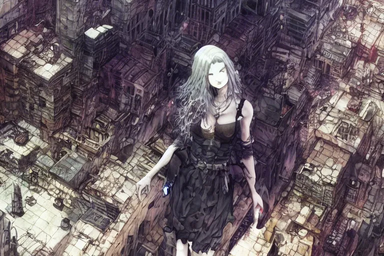 Image similar to goth woman in front of city, color page, tankoban, 4 k, tone mapping, akihiko yoshida, james jean andrei riabovitchev marc simonetti, yoshitaka amano, long hair, curly, h. hydrochaeri