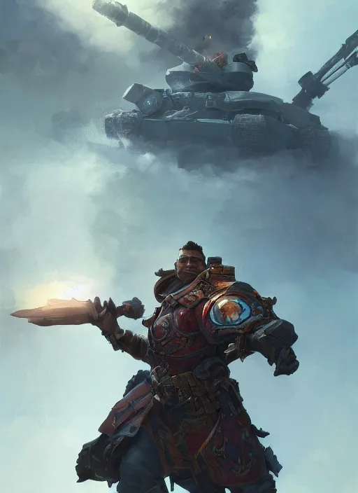 Image similar to portrait of man holding a scepter with a tank in the background, d & d, heartstone, digital painting, volumetric light, intricate, sharp, focus, bloom, illustration, highly detailed, concept art, matte, ruan jia, randy vargas, greg rutkowski