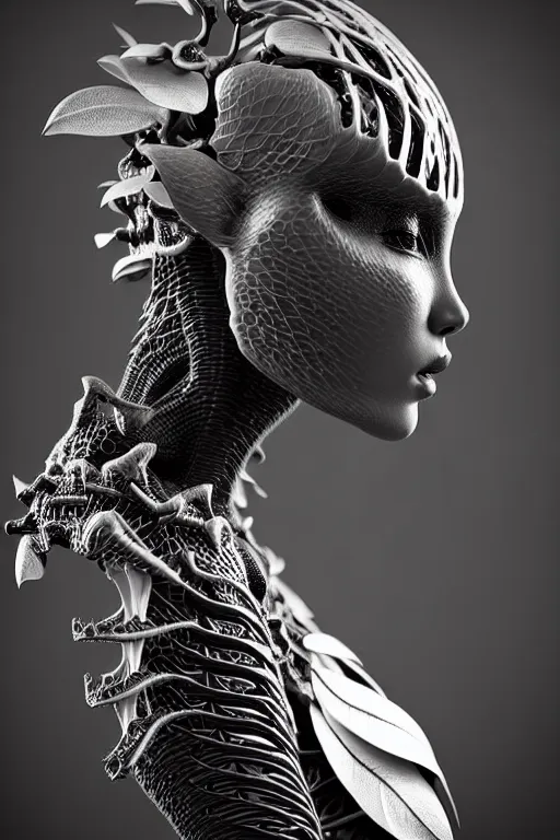 Image similar to bw close - up profile face, black background, beautiful young porcelain vegetal - dragon - cyborg - female, 1 5 0 mm, beautiful natural soft rim light, silver gold details, magnolia leaves and stems, roots, mandelbot fractal, elegant, ultra detailed, white metallic armour, octane render, h. r. giger style