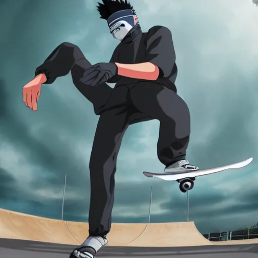 Image similar to kakashi at a skatepark, 8k, fully detailed, cinematic lighting, professional digital painting, kickflip,